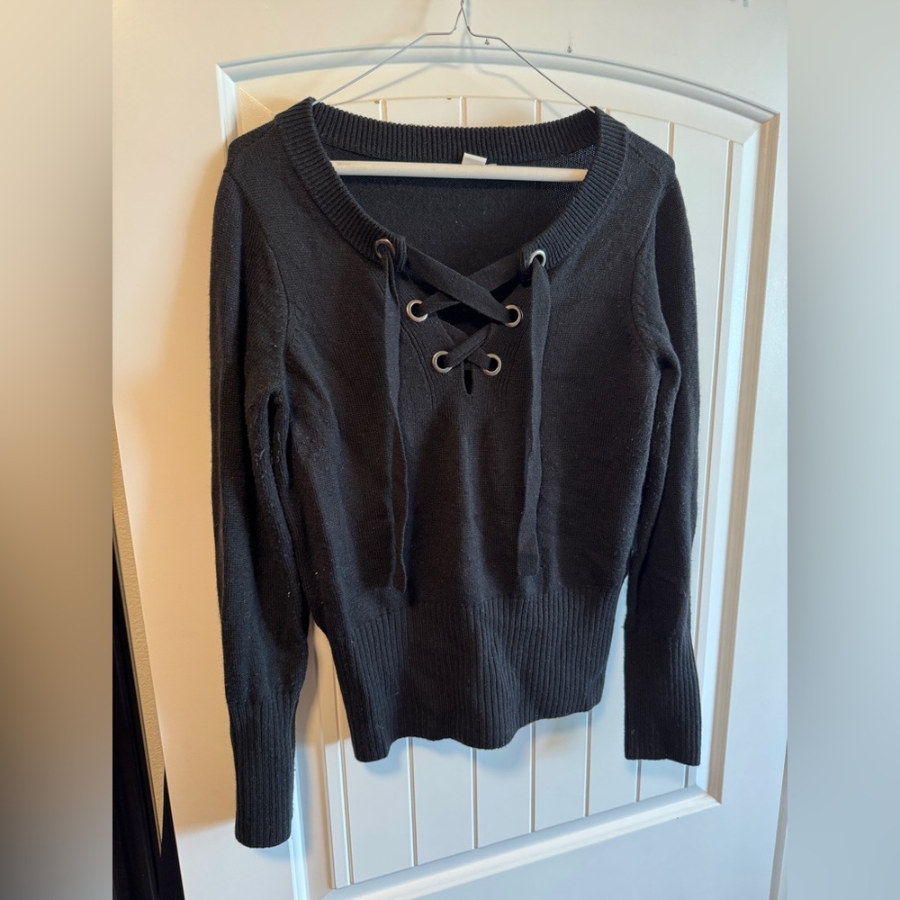 bar III Women’s Ribbed Lace-Up Knit Sweater, Black, Medium